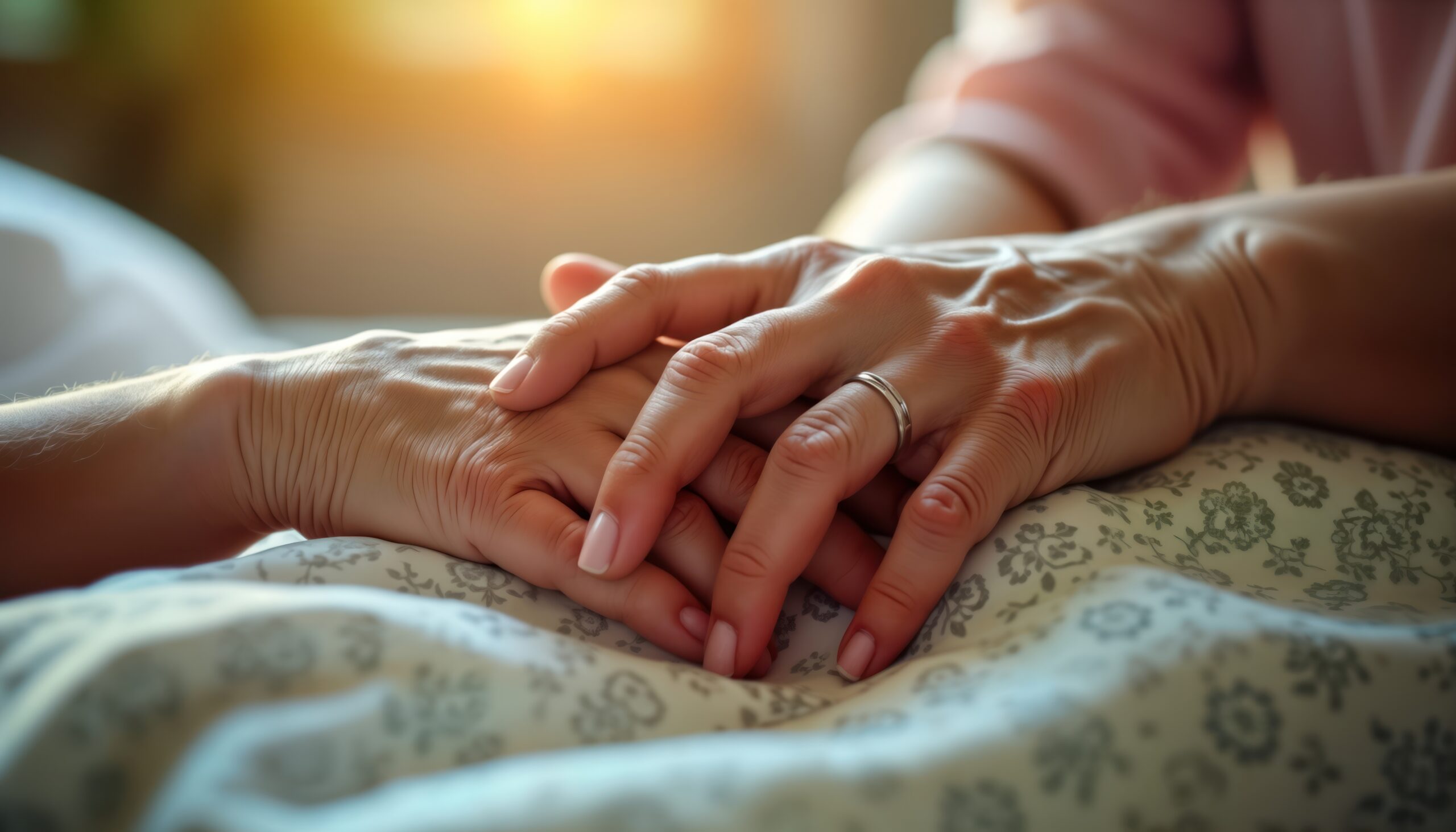 Tender hands intertwine in comforting embrace. Grandmother, caregiver share moment of love, care in nursing setting. Gentle touch, support embody essence of compassionate end-of-life care. Warmth